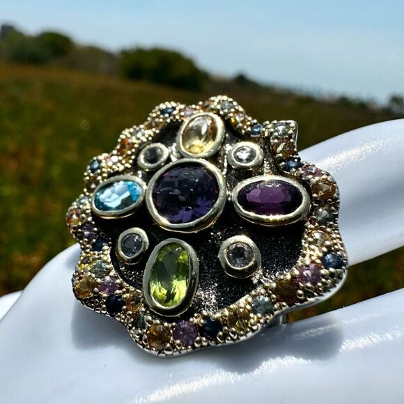 Michelle Albala Sterling Silver & 18k Gold Vermeil Multi-Gemstone Statement Ring - Picture 3 of 14